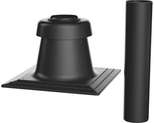 Traversée de toiture noire avec plaque de base carrée et tuyau assorti pour systèmes de ventilation.