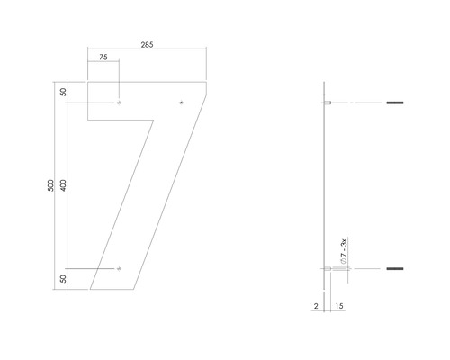 Technische Zeichnung Hausnummer 7 mit Maßangaben