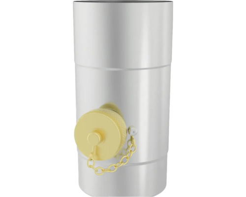 Tuyau de cheminée cylindrique avec bouchon en laiton et chaîne de sécurité pour le nettoyage.