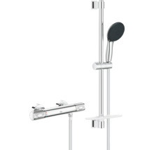 Grohe Brausegarnitur aus Chrom mit Thermostat-Armatur, Duschstange, Handbrause und Ablageschale.