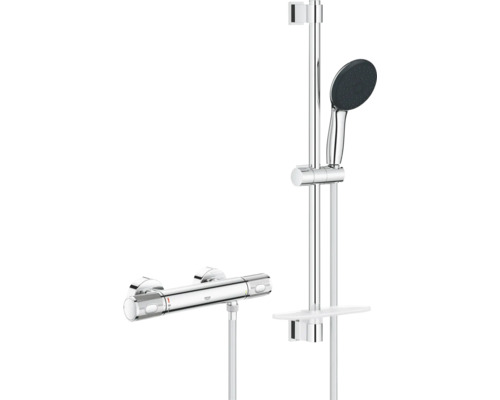 Set de douche Grohe en chrome avec mitigeur thermostatique, barre de douche, douchette et tablette.