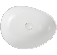 Vasque à poser ovale en céramique blanche en forme de galet, vue de dessus.