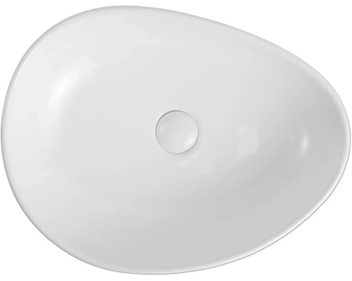 Vasque à poser ovale en céramique blanche en forme de galet, vue de dessus.