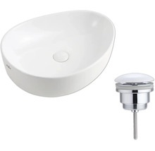 Vasque à poser ovale blanche Jungborn avec bonde de vidage assortie.