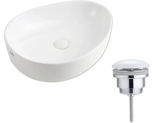 Vasque à poser ovale blanche Jungborn avec bonde de vidage assortie.