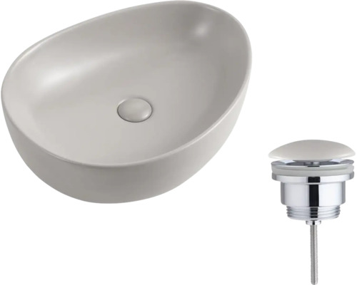 Vasque à poser ovale en céramique gris mat avec bonde de vidage assortie.