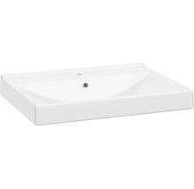 Lavabo rectangulaire en céramique blanche avec trou de robinetterie et trop-plein.