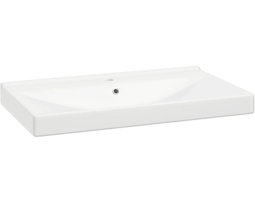 Lavabo rectangulaire en céramique avec trou de robinetterie et trop-plein.
