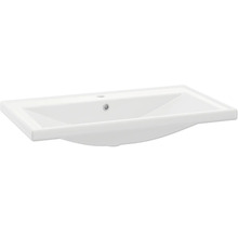 Lavabo rectangulaire en céramique blanche avec trop-plein et trou pour robinetterie.