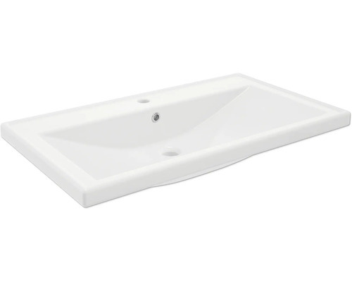 Lavabo rectangulaire en céramique blanche avec vasque plate, trou pour robinetterie et trop-plein pour la salle de bains.