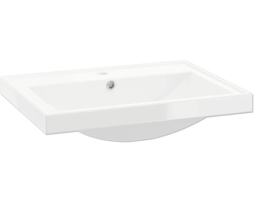Lavabo rectangulaire en céramique avec trou pour robinetterie et trop-plein.
