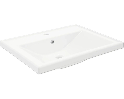 Lavabo rectangulaire en céramique avec trou pour mitigeur et trop-plein.