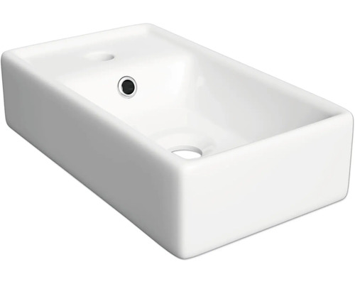 Vasque à poser rectangulaire en céramique blanche avec trou pour robinet et trop-plein.
