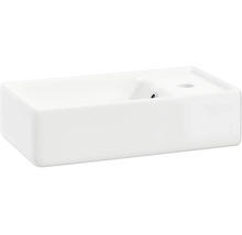 Lave-mains blanc rectangulaire en céramique, avec trou de robinetterie à droite et trop-plein.