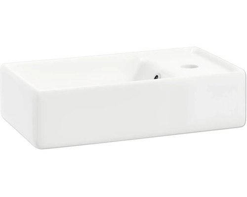 Lave-mains blanc rectangulaire en céramique, avec trou de robinetterie à droite et trop-plein.