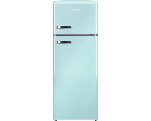 Réfrigérateur combiné Amica en vert menthe de style rétro vintage avec deux portes et poignées argentées