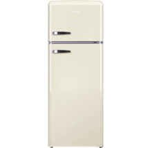 Réfrigérateur-congélateur Amica design rétro, beige, deux portes avec congélateur en haut et poignées chromées.