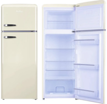 Réfrigérateur-congélateur Amica rétro, beige, deux portes, poignées chromées, clayettes en verre et bac à légumes.