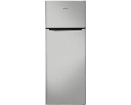 Réfrigérateur combiné Amica aspect inox avec compartiment congélateur en haut et poignée intégrée.