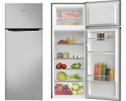 Combiné réfrigérateur-congélateur Amica avec compartiment congélateur en haut, aspect acier inoxydable, fermé et ouvert avec des aliments.