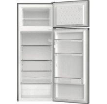 Réfrigérateur-congélateur ouvert avec compartiment congélateur supérieur, clayettes en verre, balconnets de porte et bac à légumes.