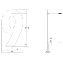 Schéma technique du numéro de maison 9 avec indications de dimensions