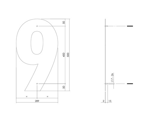 Technische Zeichnung der Hausnummer Neun mit Maßangaben
