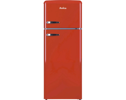 Réfrigérateur-congélateur rétro Amica rouge avec deux portes et poignées argentées.