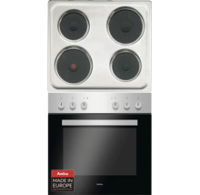 Amica Einbauherdset mit Backofen, sechs Drehreglern und Kochfeld mit vier Elektrokochplatten aus Edelstahl. Amica Logo. In Europa hergestellt.