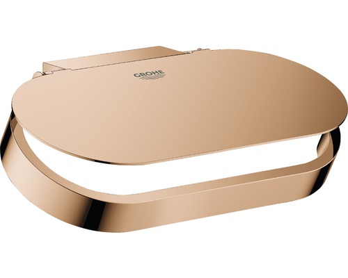 Toilettenpapierhalter GROHE Selection mit Deckel warm sunset poliert 41069DA0 Grohe Logo auf einem Toilettensitz