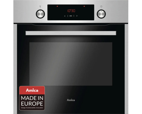 Four encastrable Amica avec façade en inox, deux boutons rotatifs et affichage numérique, fabriqué en Europe.