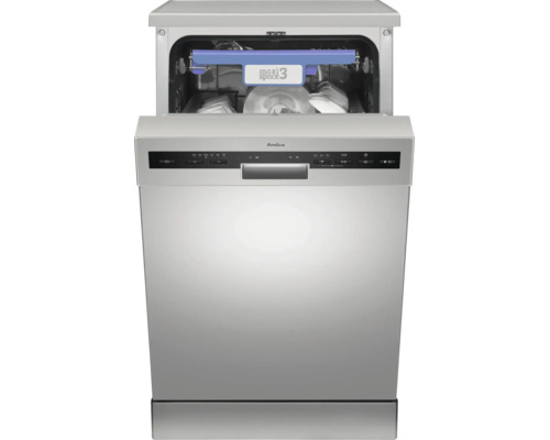 Lave-vaisselle Amica pose libre en aspect acier inoxydable avec porte ouverte et tiroir à couverts MaxiSpace3.