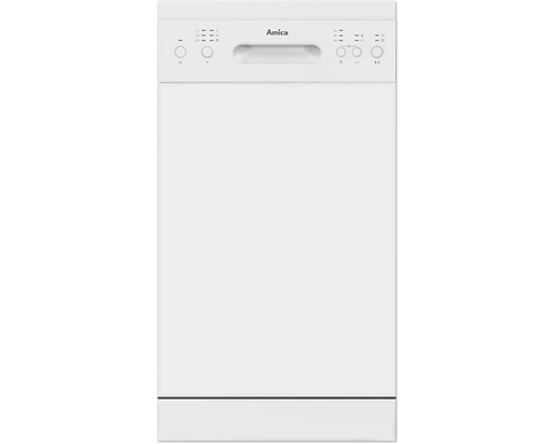 Lave-vaisselle Amica blanc avec panneau de commande et poignée intégrée sur le dessus.