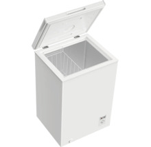 Congélateur coffre blanc avec couvercle ouvert et un panier en fil métallique à l intérieur.