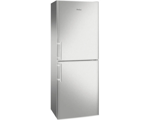 Combiné réfrigérateur-congélateur Amica aspect acier inoxydable avec deux portes et poignées verticales.