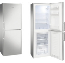 Réfrigérateur Amica aspect acier inoxydable, fermé et ouvert avec vue sur l'intérieur et les tiroirs du congélateur.