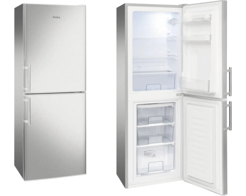 Réfrigérateur Amica aspect acier inoxydable, fermé et ouvert avec vue sur l'intérieur et les tiroirs du congélateur.