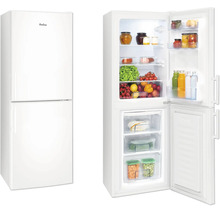 Réfrigérateur-congélateur combiné Amica blanc avec deux portes, fermé et ouvert, congélateur en bas.