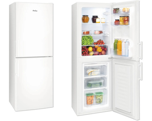 Réfrigérateur-congélateur combiné Amica blanc avec deux portes, fermé et ouvert, congélateur en bas.