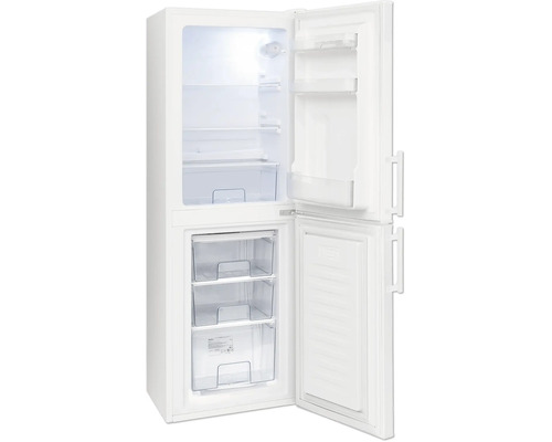 Combiné réfrigérateur-congélateur blanc ouvert avec clayettes en verre, bac à légumes, trois tiroirs de congélation et balconnets de porte.