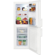 Réfrigérateur combiné blanc ouvert rempli de divers aliments tels que des fruits, des légumes et des boissons.