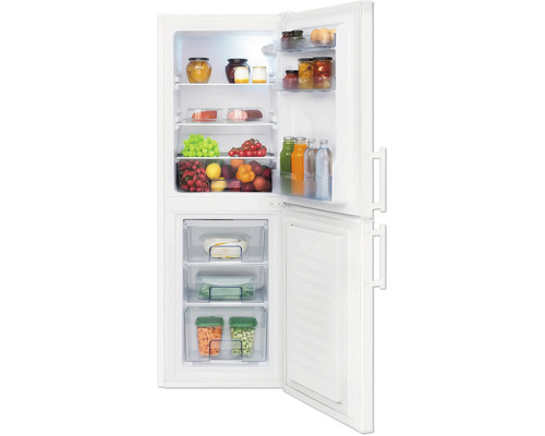 Réfrigérateur combiné blanc ouvert rempli de divers aliments tels que des fruits, des légumes et des boissons.