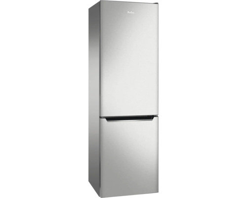Combiné réfrigérateur-congélateur Amica aspect acier inoxydable avec deux portes et poignées intégrées.