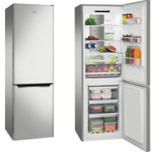 Combiné réfrigérateur-congélateur Amica en aspect acier inoxydable, fermé et ouvert rempli de produits alimentaires.