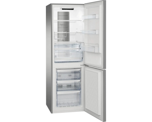 Réfrigérateur-congélateur avec portes ouvertes, clayettes en verre, porte-bouteilles, bacs à légumes et trois tiroirs de congélation.