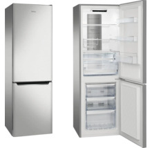 Combiné réfrigérateur-congélateur Amica aspect inox, fermé et ouvert avec vue intérieure, clayettes en verre et tiroirs de congélation.