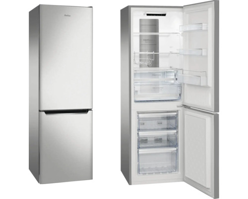 Combiné réfrigérateur-congélateur Amica aspect inox, fermé et ouvert avec vue intérieure, clayettes en verre et tiroirs de congélation.