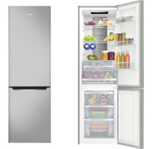 Réfrigérateur-congélateur Amica aspect acier inoxydable, pose libre, vue fermée et ouverte avec intérieur rempli.