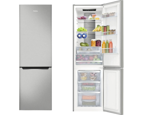Réfrigérateur-congélateur Amica aspect acier inoxydable, pose libre, vue fermée et ouverte avec intérieur rempli.