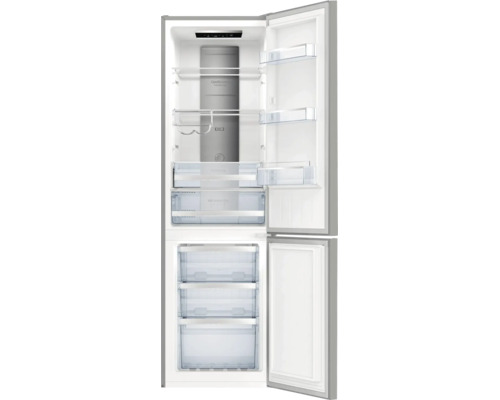 Réfrigérateur-congélateur combiné ouvert avec clayettes en verre, porte-bouteilles, tiroirs de conservation et trois compartiments de congélation.
